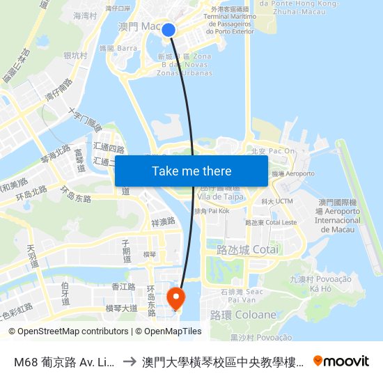 M68 葡京路 Av. Lisboa to 澳門大學橫琴校區中央教學樓東四座 map