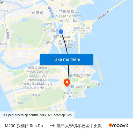 M200 沙欄仔 Rua Do Tarrafeiro to 澳門大學橫琴校區中央教學樓東四座 map