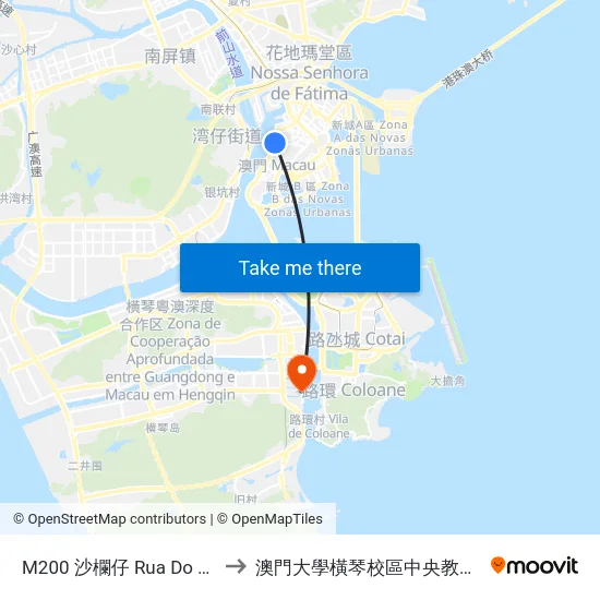 M200 沙欄仔 Rua Do Tarrafeiro to 澳門大學橫琴校區中央教學樓東四座 map
