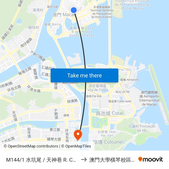 M144/1 水坑尾 / 天神巷 R. Campo / Travessa Dos Anjos to 澳門大學橫琴校區中央教學樓東四座 map