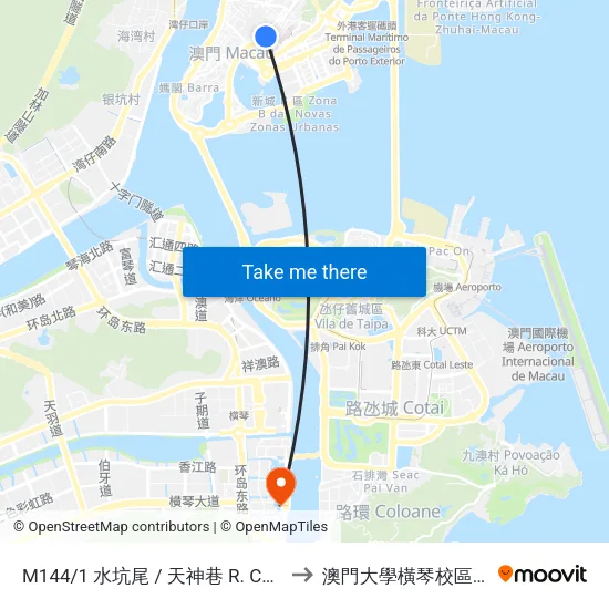 M144/1 水坑尾 / 天神巷 R. Campo / Travessa Dos Anjos to 澳門大學橫琴校區中央教學樓東四座 map