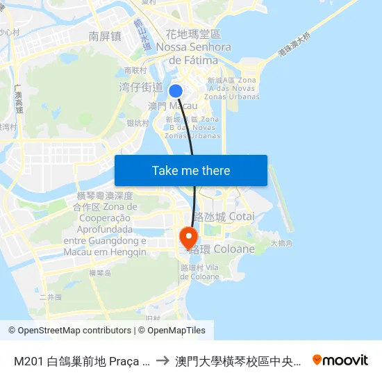 M201 白鴿巢前地 Praça Luís Camões to 澳門大學橫琴校區中央教學樓東四座 map