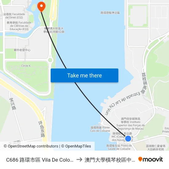 C686 路環市區 Vila De Coloane, Coloane Village to 澳門大學橫琴校區中央教學樓東四座 map