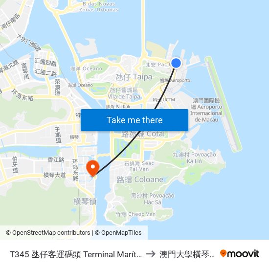 T345 氹仔客運碼頭 Terminal Marítimo De Passageiros Da Taipa, Taipa Ferry Terminal to 澳門大學橫琴校區中央教學樓東四座 map