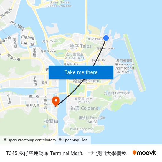 T345 氹仔客運碼頭 Terminal Marítimo De Passageiros Da Taipa, Taipa Ferry Terminal to 澳門大學橫琴校區中央教學樓東四座 map