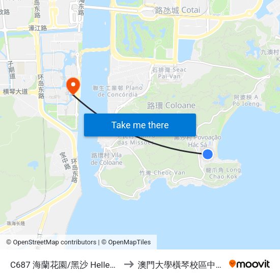 C687 海蘭花園/黑沙 Hellene Garden / Hac Sá to 澳門大學橫琴校區中央教學樓東四座 map