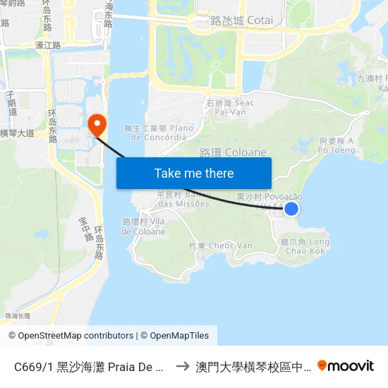C669/1 黑沙海灘 Praia De Hac Sá, Hac Sa Beach to 澳門大學橫琴校區中央教學樓東四座 map