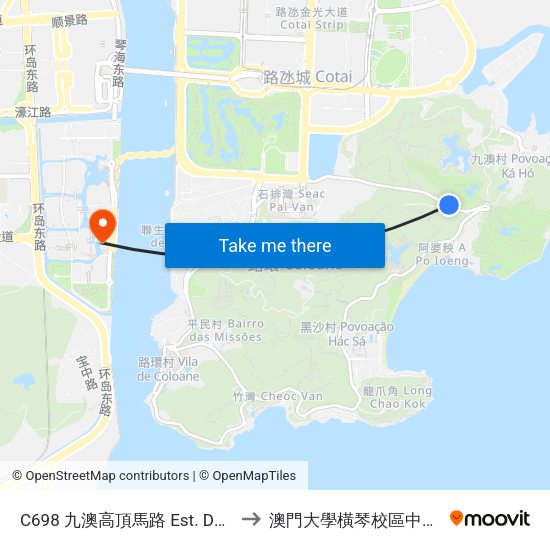 C698 九澳高頂馬路 Est. Do Altinho De Ká-Hó to 澳門大學橫琴校區中央教學樓東四座 map