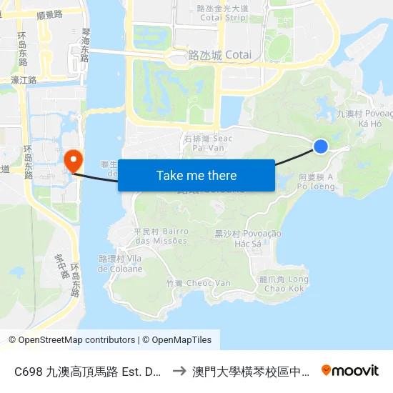 C698 九澳高頂馬路 Est. Do Altinho De Ká-Hó to 澳門大學橫琴校區中央教學樓東四座 map