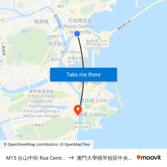 M15 台山中街 Rua Central De Toi San to 澳門大學橫琴校區中央教學樓東四座 map