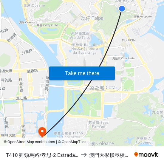 T410 雞頸馬路/孝思-2 Estrada Da Ponta Da Cabrita / Hau Si-2 to 澳門大學橫琴校區中央教學樓東四座 map