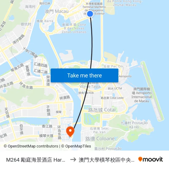 M264 勵庭海景酒店 Harbourview Hotel to 澳門大學橫琴校區中央教學樓東四座 map