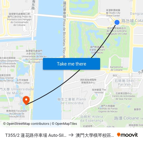 T355/2 蓮花路停車場 Auto-Silo Da Estrada Flor De Lótus to 澳門大學橫琴校區中央教學樓東四座 map