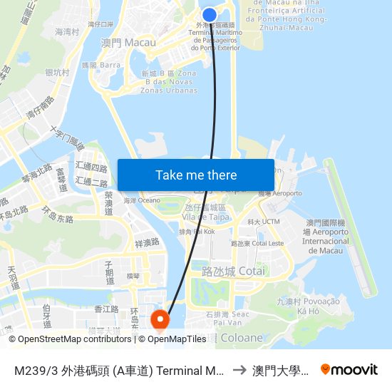 M239/3 外港碼頭 (A車道) Terminal Marítimo De Passageiros Do Porto Exterior, Outer Harbour Ferry Terminal (A Via / Lane) to 澳門大學橫琴校區中央教學樓東四座 map