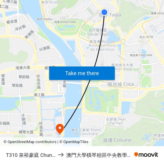 T310 泉裕豪庭 Chun U Villa to 澳門大學橫琴校區中央教學樓東四座 map
