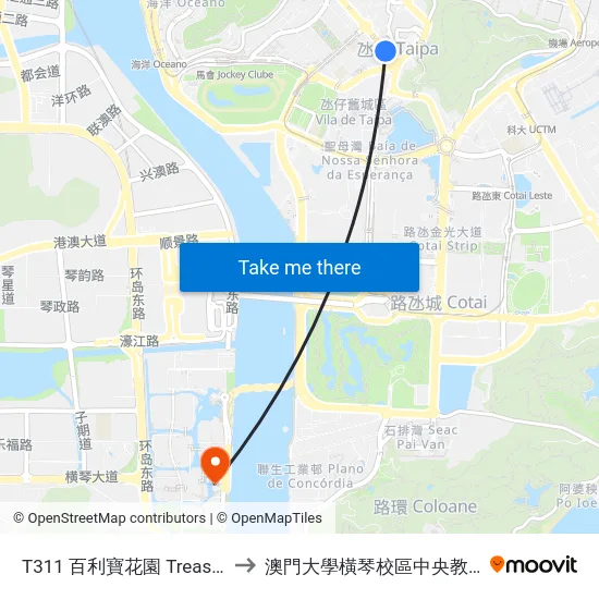 T311 百利寶花園 Treasure Garden to 澳門大學橫琴校區中央教學樓東四座 map