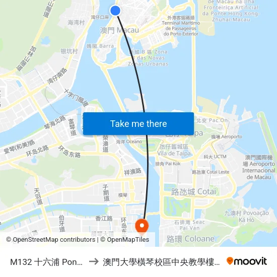 M132 十六浦 Ponte 16 to 澳門大學橫琴校區中央教學樓東四座 map
