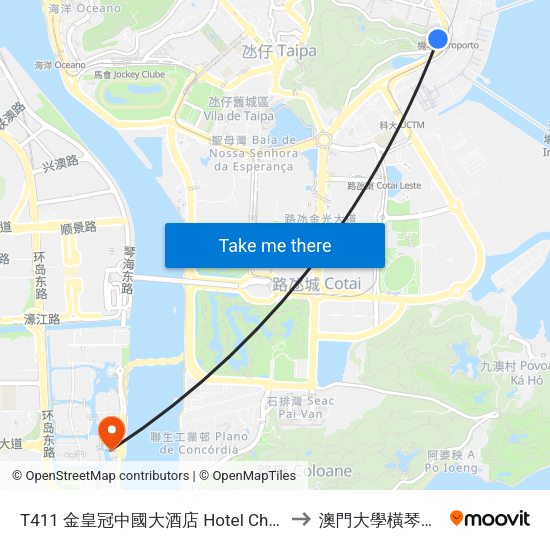 T411 金皇冠中國大酒店 Hotel China Coroa D'Ouro, Golden Crown China Hotel to 澳門大學橫琴校區中央教學樓東四座 map