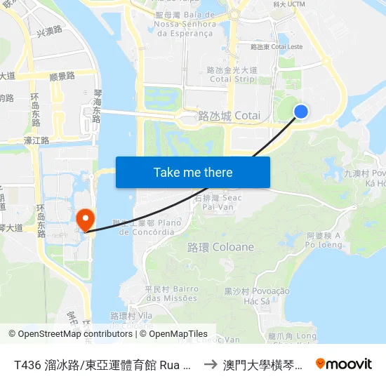 T436 溜冰路/東亞運體育館 Rua Da Patinagem / N. D. Dos J. Da Ásia Oriental to 澳門大學橫琴校區中央教學樓東四座 map
