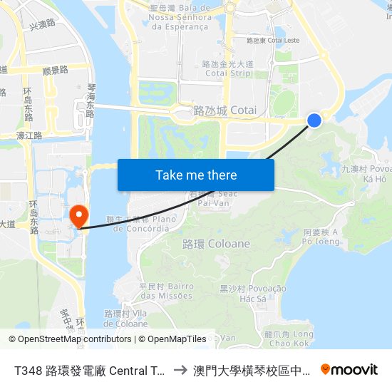 T348  路環發電廠 Central Térmica De Coloane to 澳門大學橫琴校區中央教學樓東四座 map