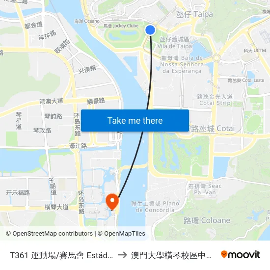 T361 運動場/賽馬會 Estádio / Jockey Clube to 澳門大學橫琴校區中央教學樓東四座 map