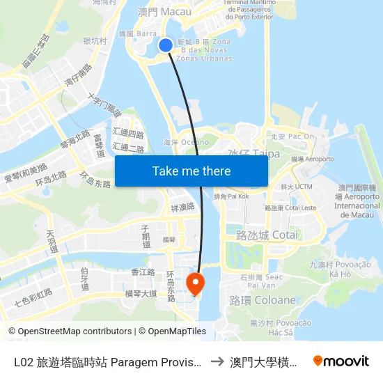 L02 旅遊塔臨時站  Paragem Provisória Do Torre De Macau, Macau Tower Temporary Stop to 澳門大學橫琴校區中央教學樓東四座 map