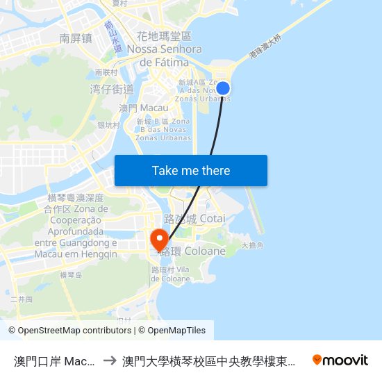 澳門口岸 Macau to 澳門大學橫琴校區中央教學樓東四座 map