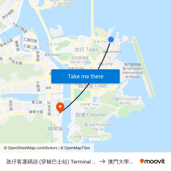 氹仔客運碼頭 (穿梭巴士站) Terminal Marítimo De Passageiros Da Taipa (Taipa Ferry Terminal Shuttle Bus Stop) to 澳門大學橫琴校區中央教學樓東四座 map