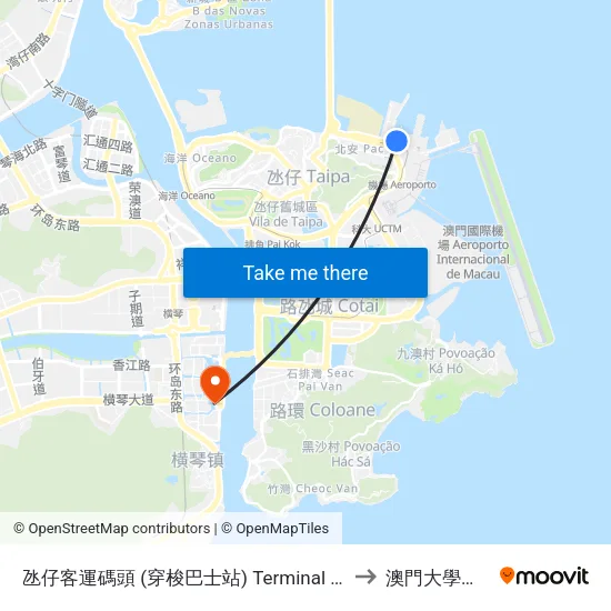 氹仔客運碼頭 (穿梭巴士站) Terminal Marítimo De Passageiros Da Taipa (Taipa Ferry Terminal Shuttle Bus Stop) to 澳門大學橫琴校區中央教學樓東四座 map