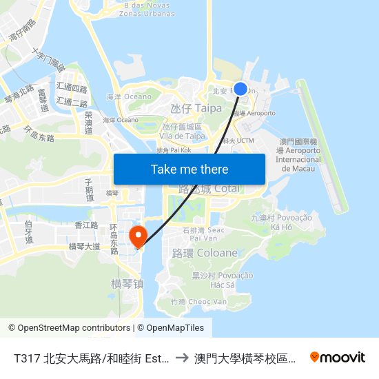 T317 北安大馬路/和睦街  Est. Pac on / Rua Wo Mok to 澳門大學橫琴校區中央教學樓東四座 map
