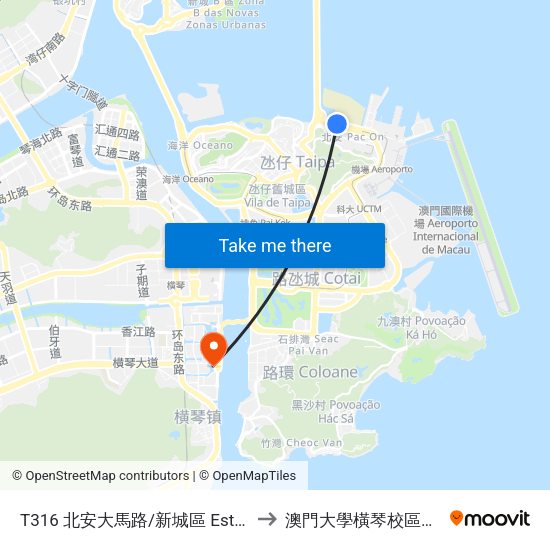 T316 北安大馬路/新城區  Est. Pac on / Novos Aterros to 澳門大學橫琴校區中央教學樓東四座 map