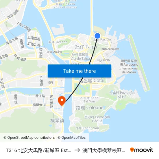 T316 北安大馬路/新城區  Est. Pac on / Novos Aterros to 澳門大學橫琴校區中央教學樓東四座 map