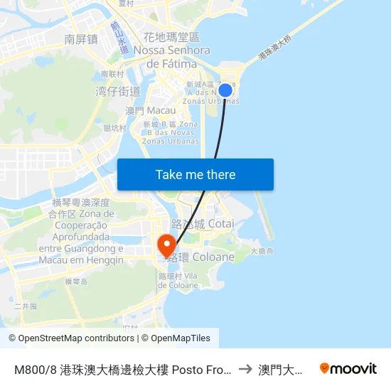 M800/8 港珠澳大橋邊檢大樓 Posto Fronteiriço De Macau Da Ponte Hong Kong-Zhuhai-Macau, Hong Kong-Zhuhai-Macau Bridge Frontier Post to 澳門大學橫琴校區中央教學樓東四座 map