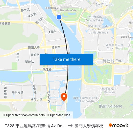 T328 東亞運馬路/羅斯福 Av. Dos Jogos Da Asia Oriental / Roosevelt to 澳門大學橫琴校區中央教學樓東四座 map