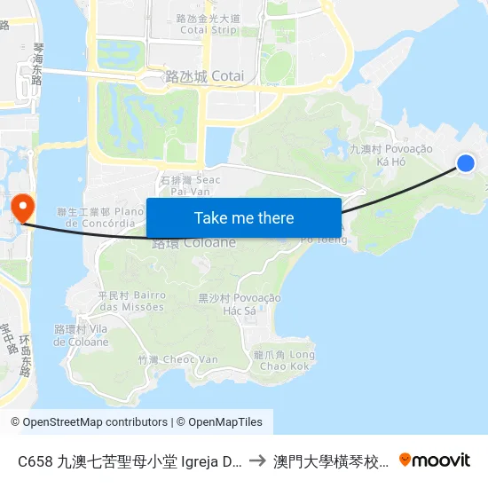 C658 九澳七苦聖母小堂 Igreja De Nossa Senhora Das Dores (Ká Hó) to 澳門大學橫琴校區中央教學樓東四座 map