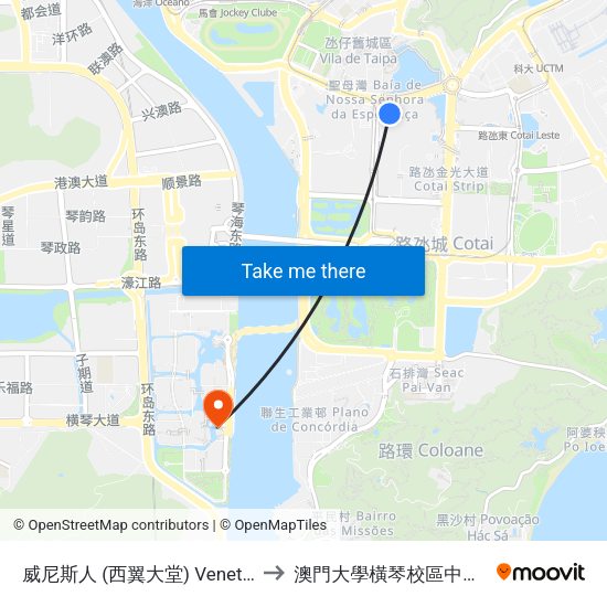 威尼斯人 (西翼大堂) Venetian (West Lobby) to 澳門大學橫琴校區中央教學樓東四座 map