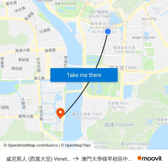威尼斯人 (西翼大堂) Venetian (West Lobby) to 澳門大學橫琴校區中央教學樓東四座 map