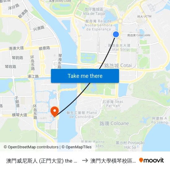澳門威尼斯人 (正門大堂) the Venetian Macau Main Lobby to 澳門大學橫琴校區中央教學樓東四座 map