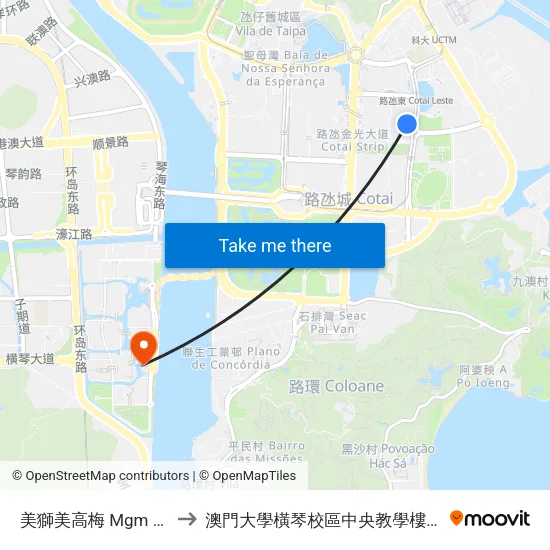 美獅美高梅 Mgm Cotai to 澳門大學橫琴校區中央教學樓東四座 map