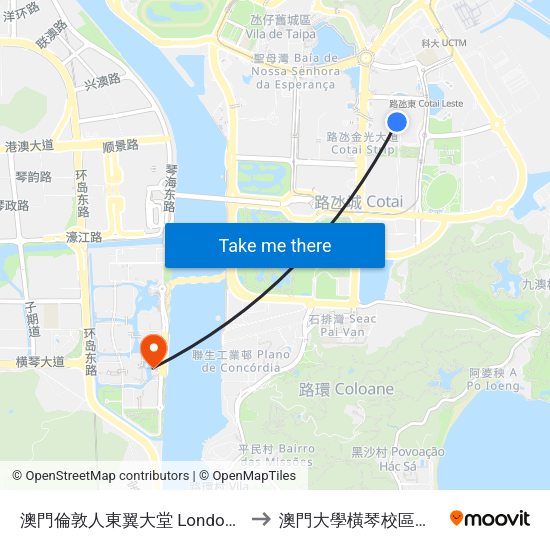 澳門倫敦人東翼大堂 Londoner Macao East Lobby to 澳門大學橫琴校區中央教學樓東四座 map