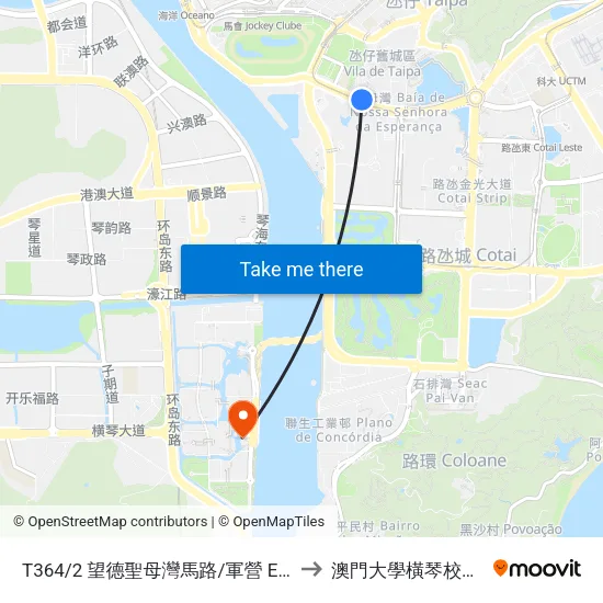 T364/2 望德聖母灣馬路/軍營 Est. Baia N. S. Esperança/ Quartel to 澳門大學橫琴校區中央教學樓東四座 map