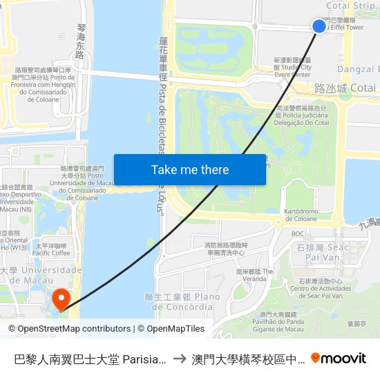 巴黎人南翼巴士大堂 Parisian Macau (Bus Depot) to 澳門大學橫琴校區中央教學樓東四座 map
