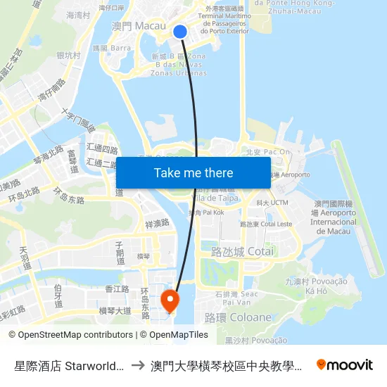 星際酒店 Starworld Hotel to 澳門大學橫琴校區中央教學樓東四座 map