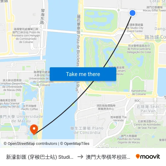新濠影匯 (穿梭巴士站) Studio City (Shuttle Bus Stop) to 澳門大學橫琴校區中央教學樓東四座 map
