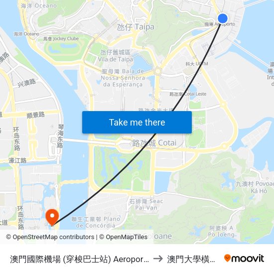 澳門國際機場 (穿梭巴士站) Aeroporto De Macau (Macau International Airport Shuttle Bus Stop) to 澳門大學橫琴校區中央教學樓東四座 map