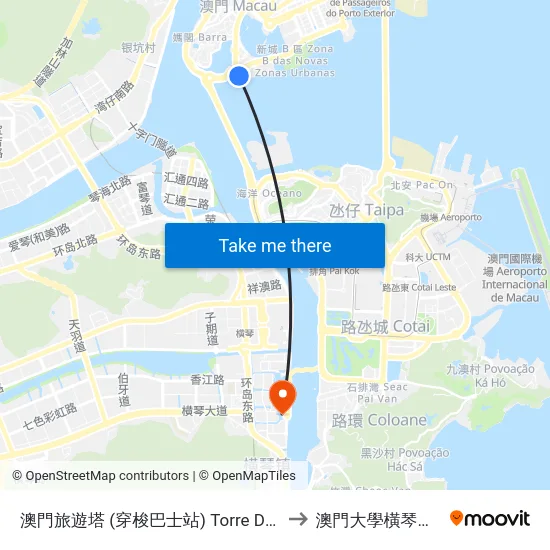 澳門旅遊塔 (穿梭巴士站) Torre De Macau, Macau Tower (Shuttle Bus Stop) to 澳門大學橫琴校區中央教學樓東四座 map