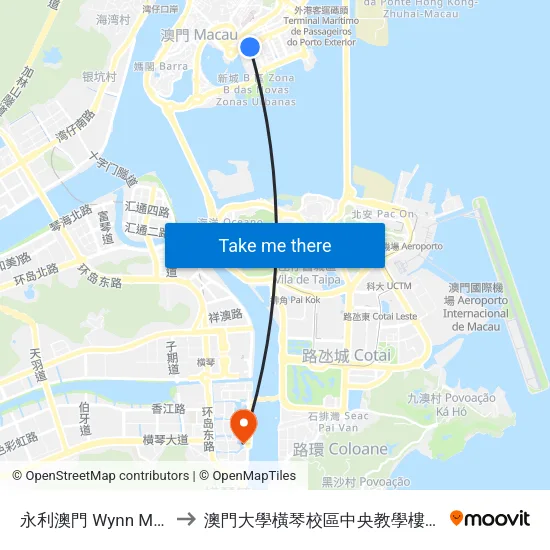 永利澳門 Wynn Macau to 澳門大學橫琴校區中央教學樓東四座 map
