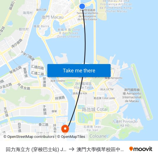 回力海立方 (穿梭巴士站) Jai Alai (Oceanus) to 澳門大學橫琴校區中央教學樓東四座 map