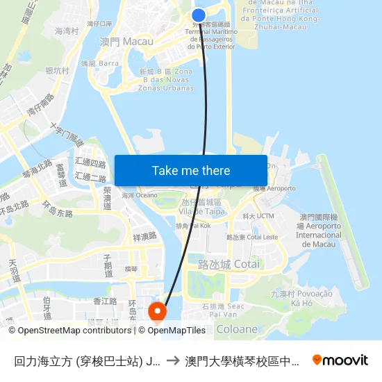 回力海立方 (穿梭巴士站) Jai Alai (Oceanus) to 澳門大學橫琴校區中央教學樓東四座 map