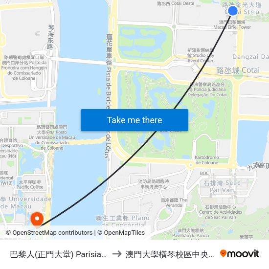 巴黎人(正門大堂) Parisian(Main Lobby) to 澳門大學橫琴校區中央教學樓東四座 map